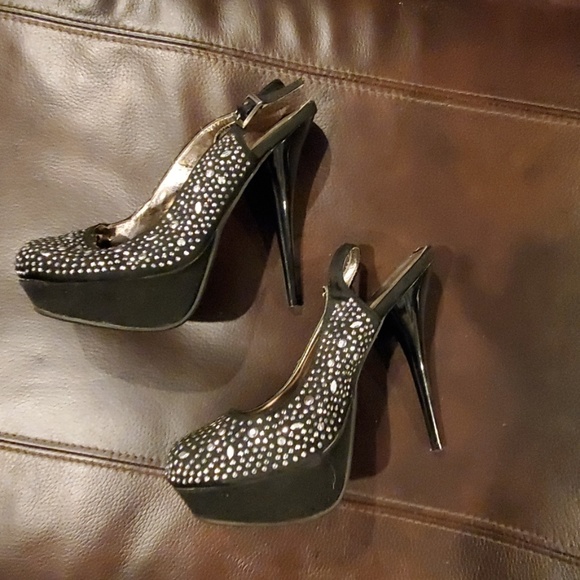 BAMBOO Shoes - Black rhinestone slingback heels... WORN ONCE!!!